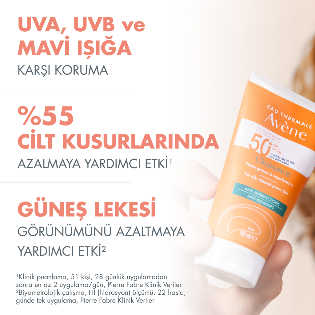 Avène Cleanance SPF50+ güneş kremi, UVA UVB ve mavi ışığa karşı koruma sağlayan ürün